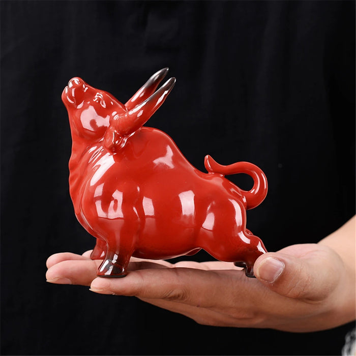 Ceramic Bull Statue Home Decor Red Ox Feng Shui Zen Figurine Sculpture Cow Figurines Cattle Chinese Wealth Desktop Decoration