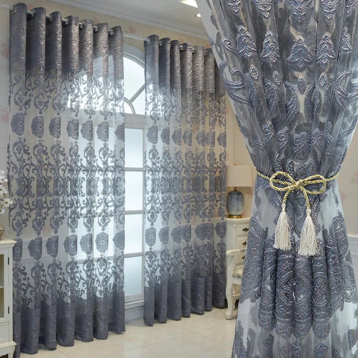 European Style Curtains for Living Dining Room Bedroom Custom Luxury Hollow Embossed Embroidery Gray Tulle Window Curtain Decor