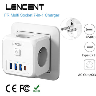 LENCENT FR Multi Socket Cube Power Adapter with 3 USB Ports +3 AC Outlets +1 Type C 7 in 1  Wall Socket On/Off Switch for Home