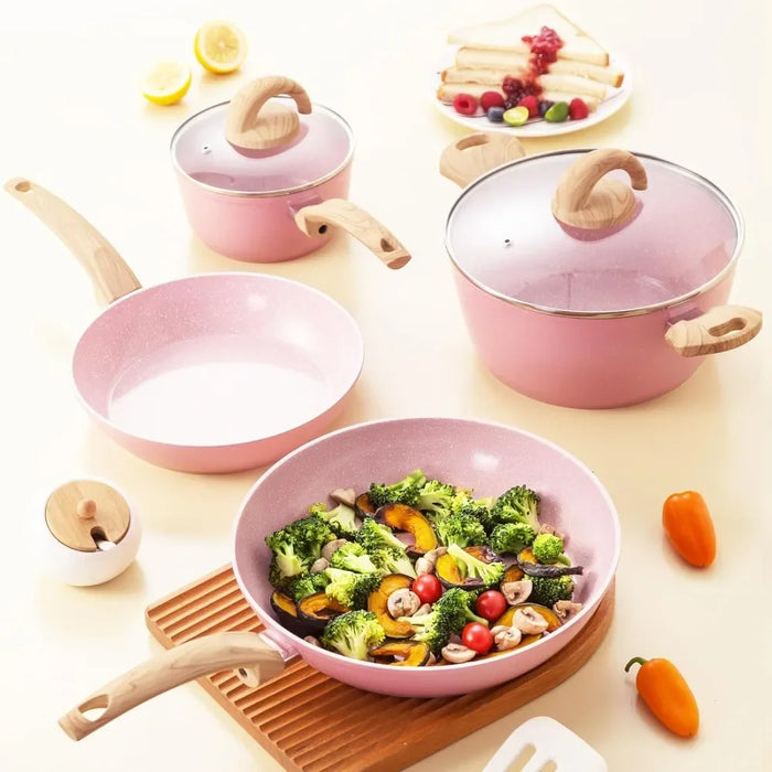 Pink Ceramic Cookware Set Kitchen Cooking Sets Induction Pot and Pan w/Frying Pans, Saucepans, Casserole, Non-Toxic