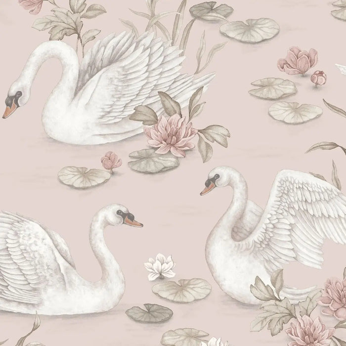 Romantic Lily Swan Wallpaper in delicate light pink, Children's Wallpaper with graceful swans in a lake with water lilies