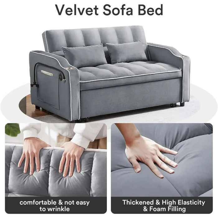 Sofa with 2, seats3 in 1 Convertible Sleeper Sofa, Velvet Pull Out Couch Futon, Living Room Furniture