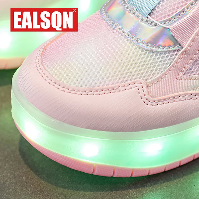 Children Two Girls Wheels Luminous Glowing Sneakers Heels Pink Led Light Roller Skate Shoes Kids Led Shoes USB Charging