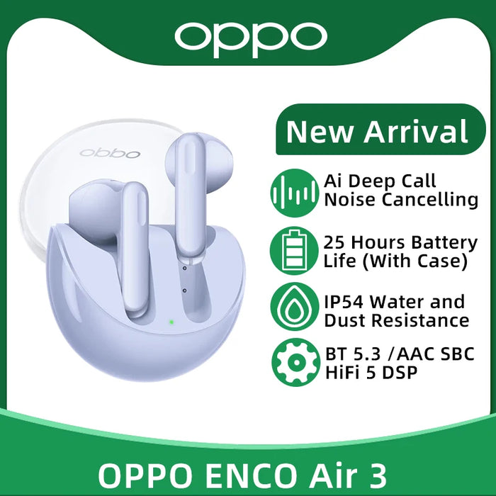 OPPO ENCO Air 3 TWS Earphone Wireless Bluetooth 5.3 Earbuds AI Noise Cancelling 25 Hour Battery Life IP54 For OPPO Reno 9 Pro