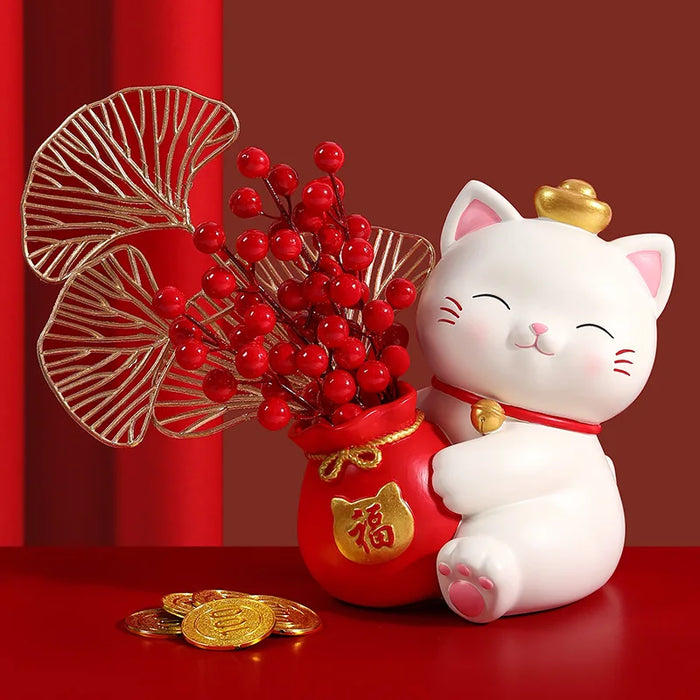 Lucky cat arts crafts Holding flowers Cherry Blossom Cat storage ornaments Living room porch Home decoration moving gift