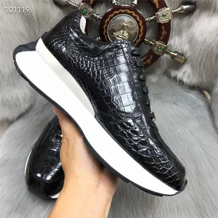 Authentic Exotic Crocodile Skin Men's Casual Black Flats Shoes Genuine Real True Alligator Leather Male Lace-up Outdoor Sneakers