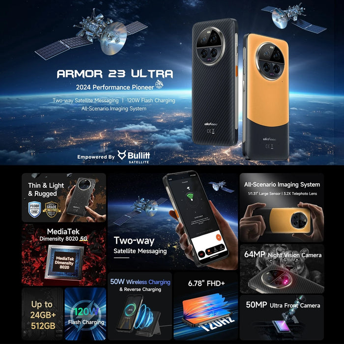 Ulefone Armor 23 Ultra 5G Rugged Smartphone Satellite Message 120W 64MP Night Camera 12GB+512GB NFC Android 13 Mobile Phone