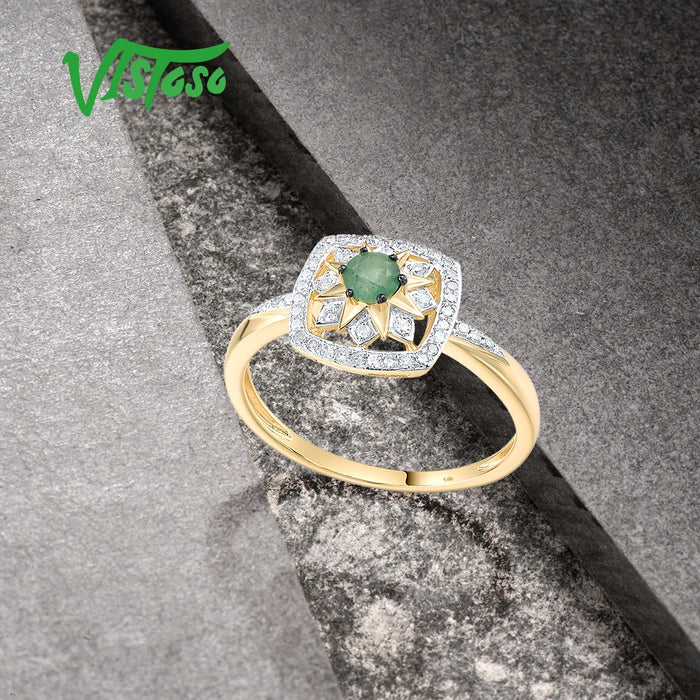 VISTOSO Genunine 14K 585 Yellow Gold Ring For Women Sparkling Diamond Emerald Delicate Square Wedding Engagement Fine Jewelry