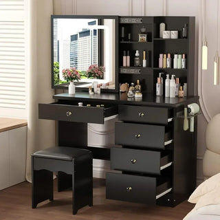 Dresser Set, Dressing Table, Lighting Mirror, Power Strip and Hair Dryer Holder, Dresser with Drawers, Bedroom Storage Shelf
