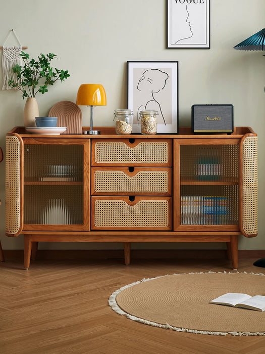 Vintage solid wood rattan woven sideboard storage high cabinet storage restaurant cabinet against the wall