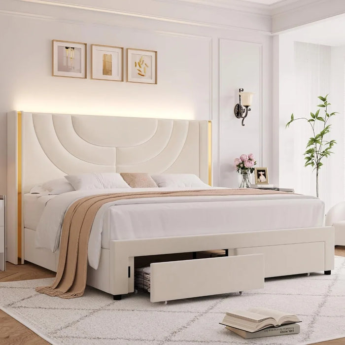 LED Queen Bed Frame with 2 Storage Drawers Solid Wooden, Solid Wooden Slats Support, No Box Spring Needed, Queen Bed Frame