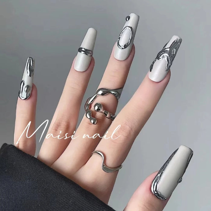 Dark Gothic Matte European and American Spicy Handmade Nail Beauty Autumn and Winter Hot Selling Liquid Silver Wearing Armor