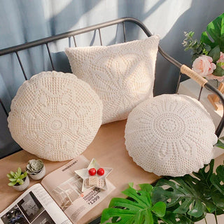 Cotton and Linen Crochet Cushion Cover Handmade Crochet Woven Pillow Case 40*40cm Decorative Pillows for Sofa Square Circular