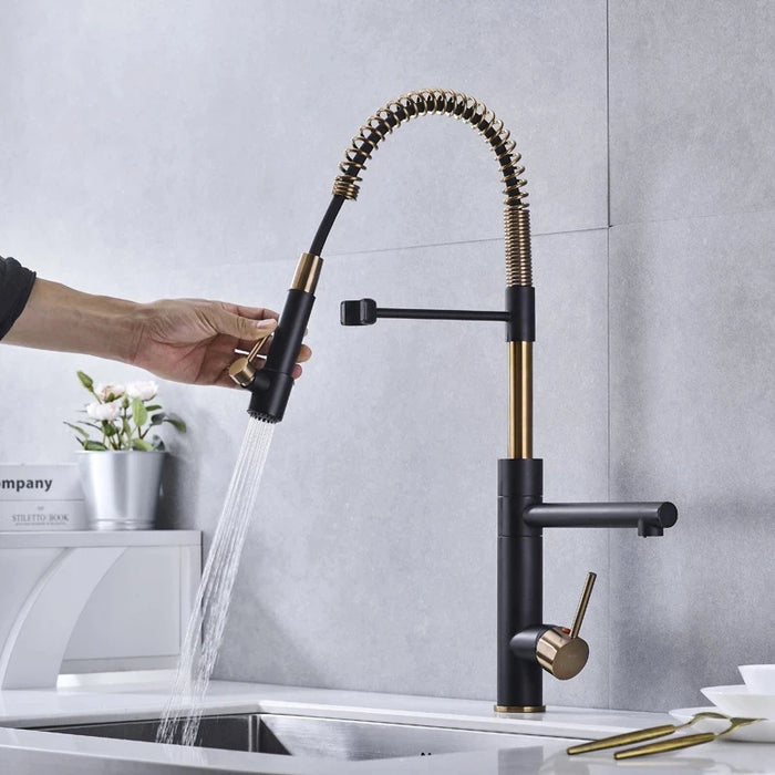 Tuqiu Brushed Gold Kitchen Faucets Pull Down Sink Faucet Pull Out Black Spring Spout Mixers Tap Hot Cold Water Crane