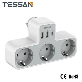 TESSAN EU Wall Socket Extender Adapter with 3 AC Outlets 2 USB Ports and 1 Type C, 6 in 1 Multiple Plug Power Strip for Home