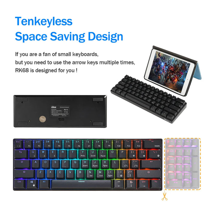 RK ROYAL KLUDGE RK61 Tri-mode BT5.0/2.4G/USB Mechanical Keyboard 60% 61 Keys RGB Hot-swappable Bluetooth Wireless Gamer Keyboard