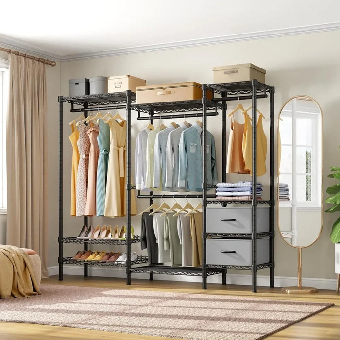 Wire Garment Rack Closet Closet for Clothes 2 Storage Drawers Wardrobe 2-Tier Shoes Racks Bedroom Furniture Hanger Black Home