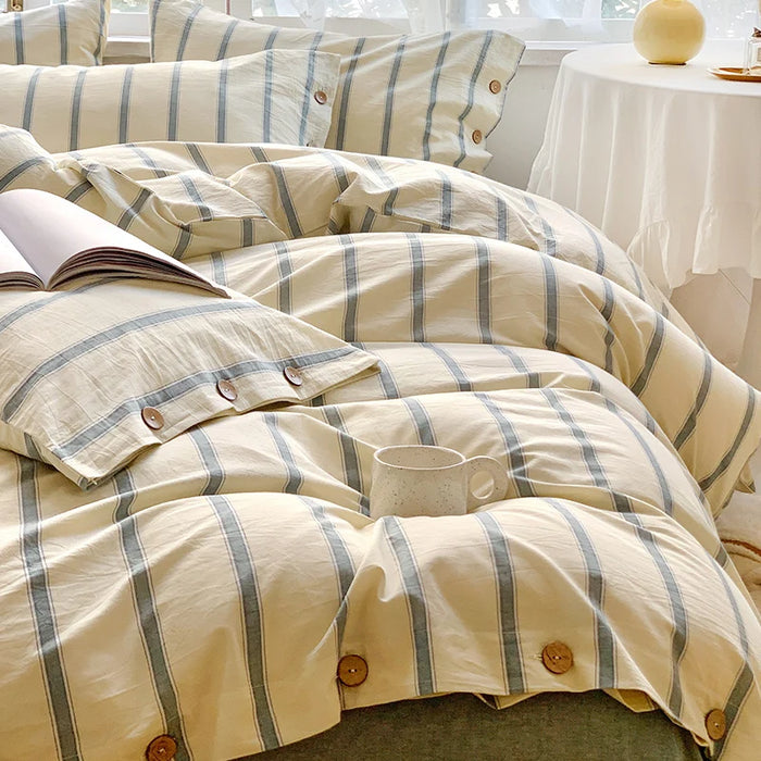 Class A Pure Cotton Bed Four-Piece Set Bed Sheet Nordic Quilt Cover Fitted Sheet Simple Striped Bedding Three-Piece Set