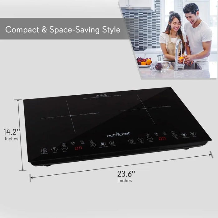 Electric Induction Cooker 120V-1800w Portable Digital Ceramic Countertop Double Burner Cooktop w/Kids Safety Lock，easy to clean