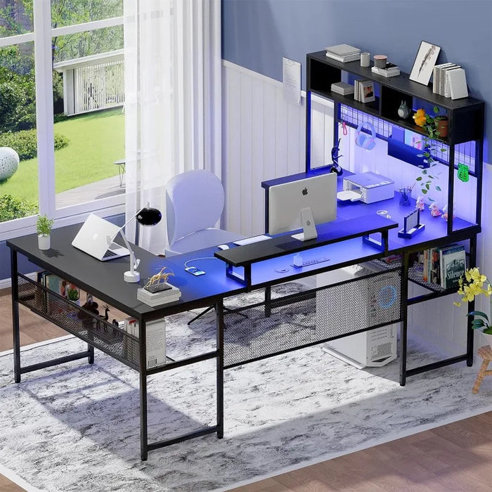 Reversible L Shaped Computer Desk with Power Outlets and LED Strip, Large Office Table with Monitor Stand and Storage Shelves