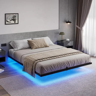Floating Bed Frame with LED Lights, Metal Platform Queen Bed, No Box Spring Needed, Easy To Assemble, Queen Size Bed Frame