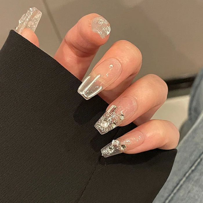 Handmade Fashion Rhinestone Long Square Full Cover False Fake Fingernails Tips Wholesale OEM Custom Push Press On Nails Supplier