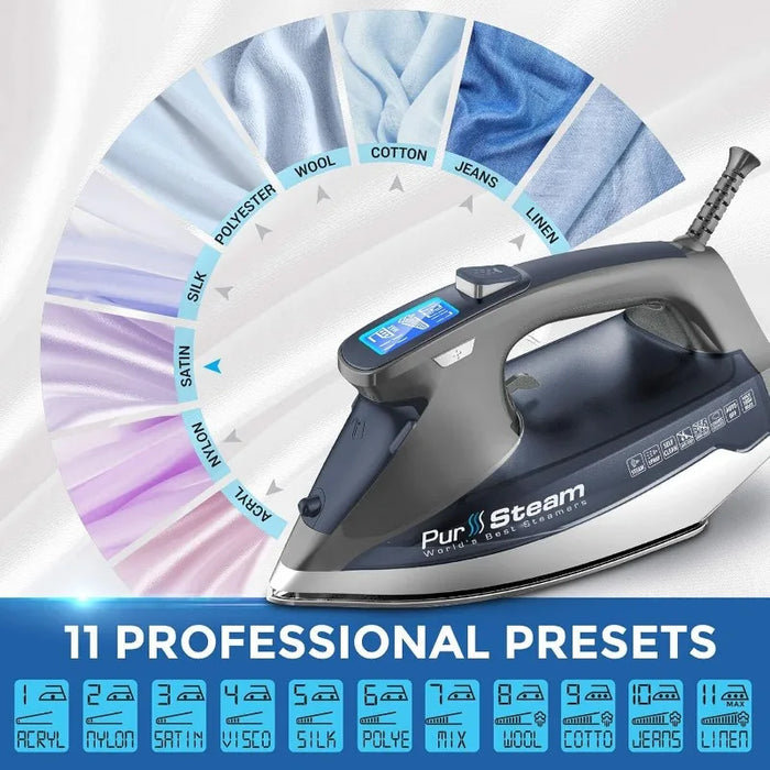 PurSteam Steam Iron for Clothes 1800W with LCD Screen, Nonstick Ceramic Soleplate, Auto Shutoff, Anti-Drip, Self-Cleaning