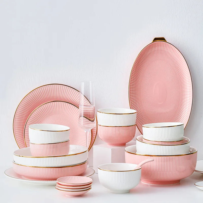 New Fashion Nordic Bone China Plates Set White Dinnerware Serving Kitchen Dessert Dish Golden Edge Tableware Porcelain Pink