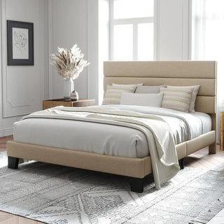King size platform bed frame,Fabric upholstered headboard and wood slat support,Fully upholstered mattress base/Easy Assembly