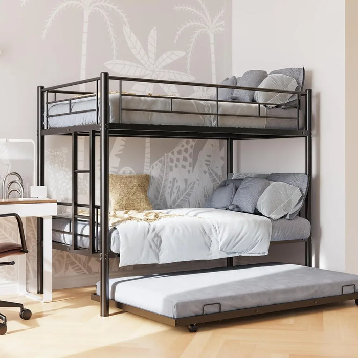 Twin Over Twin Bunk Bed with Trundle for Adult, Dormitory, Bedroom, Sturdy Steel Bedframe w/Guardrail & Ladder, Space Saving