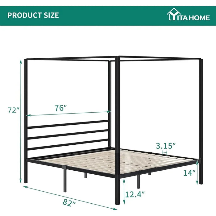 Bedroom furniture metal 4 post canopy bed frame with headboard with wooden slats, no springs required, black