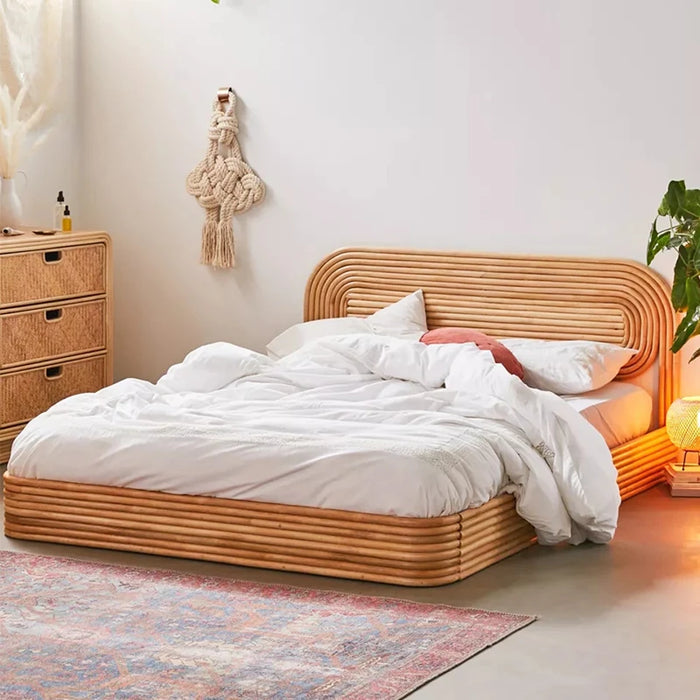 Double 1.5-meter rattan bed, solid wood rattan woven Japanese style 1.8 bed, modern natural wood color small unit bedroom