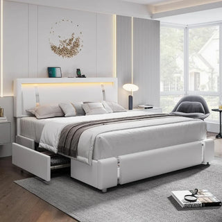 full size bed frame, Headboard with RGB LED lights and 2 storage drawers, Modern Upholstered Faux Leather Smart Platform Bed