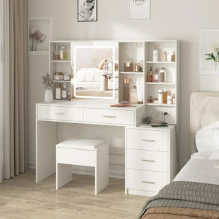 Dresser with Mirror and Lamp, White Dresser with Lighting, Make-up Dresser with Charging Station, Hidden and Open