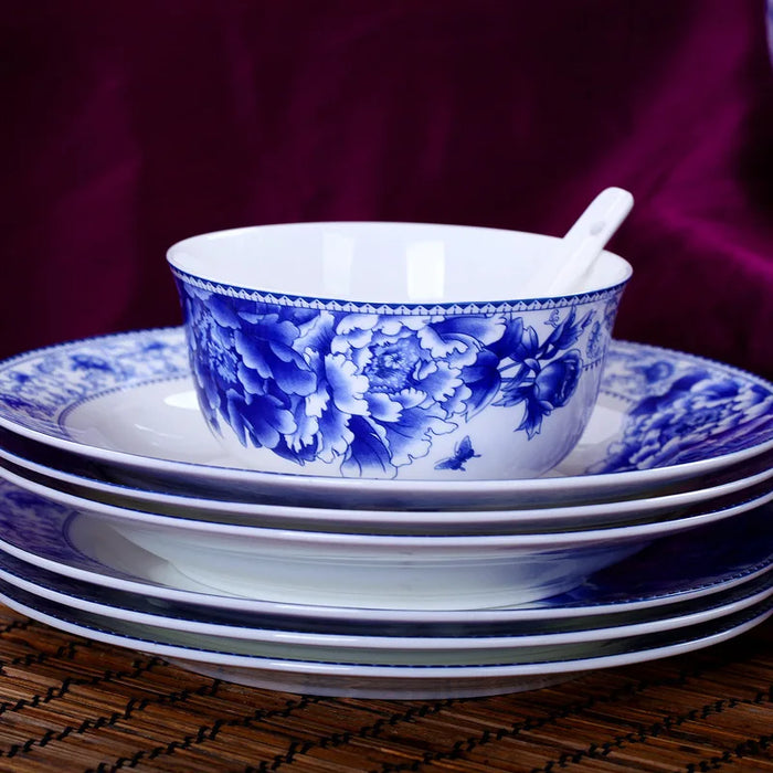 Jingdezhen High-grade Chinese Blue and White  Porcelain Tableware Set Wholesale Ceramic Bowls, Dishes and Spoons Business Gifts