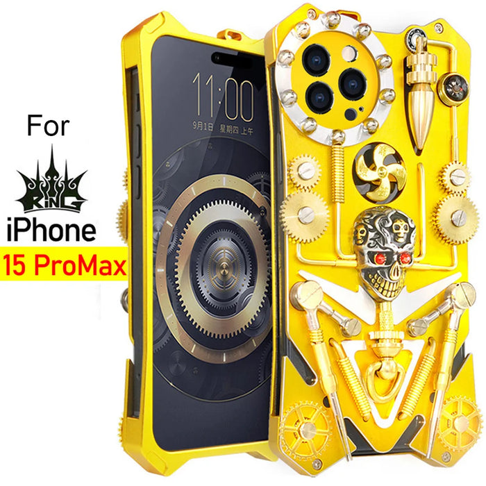 Luxury Hand Made Gear Metal Armor Case For iPhone 13 14 15 Pro Max Case Skull Gold Cover Funda For iPhone 13 14 Pro 15 Plus Case