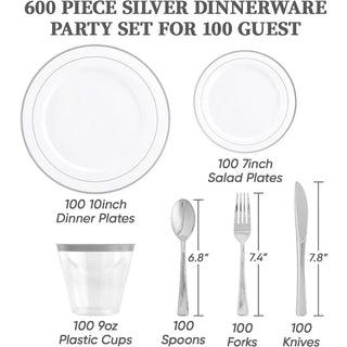 600pcs Dinnerware Set for 100 Guests, Silver Rimmed Plastic Plates Disposable, Dinner Plates, Dessert Plates, Cups