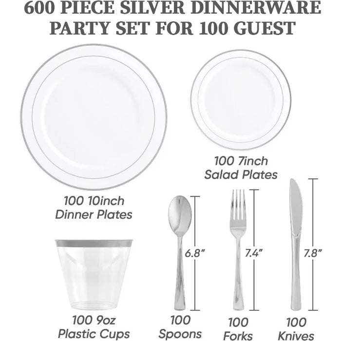 600pcs Dinnerware Set for 100 Guests, Silver Rimmed Plastic Plates Disposable, Dinner Plates, Dessert Plates, Cups