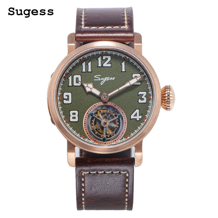 Sugess Tourbillon Bronze Men Watch Original ST8230 Movement HandWind BGW9 Luminous Sapphire CuSn8 WristWatches Crocodile Leather