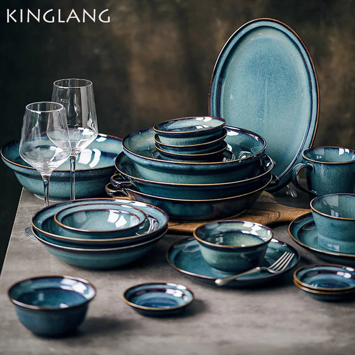 Kinglang 38pcs a Set New Beautiful Ceramic Klin Blue Color Dinnerware Set Wholesale Dinner Plate and Bowl Tableware Set