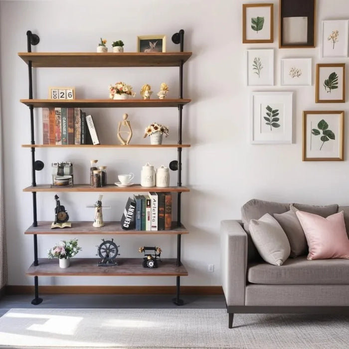 6 Tier Industrial Ladder Pipe Shelf, Wall Mounted Wood Metal Bookshelf for Living Room Storage (Weathered Brown）