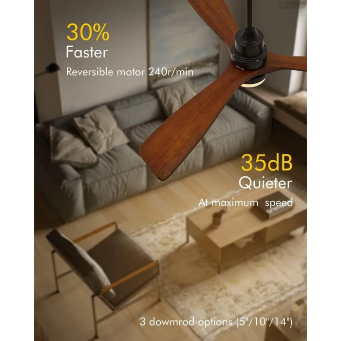 Modern ceiling fan with lights, 3 wooden fan blades,52 inch black with remote control, used for reversible DC motors in bedrooms