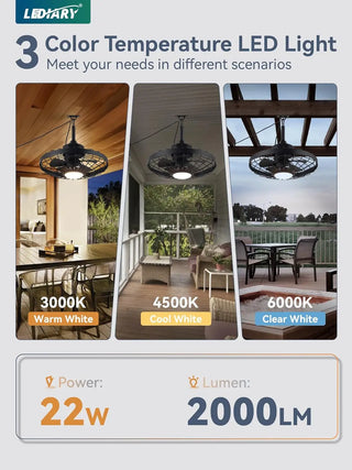 LEDIARY 20" Outdoor Ceiling Fans with Lights and Remote Control, Waterproof Caged Ceiling Fan with 3 Color LED Light,