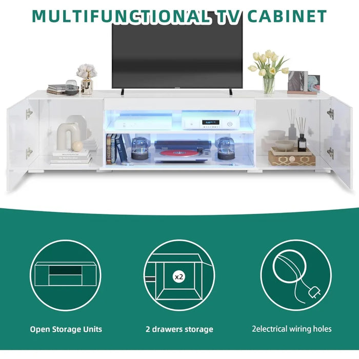 LED TV Stand, Entertainment Center with Large Storage Drawers, High Gloss Front Wooden TV Cabinet Media Console TV Stand