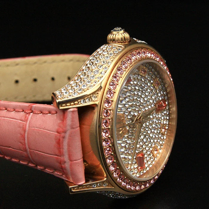 Fashion Rhinestone Genuine Leather Strap Pink Women's Quartz Movement Wrist Watch Pointer Style Atmospheric Trend