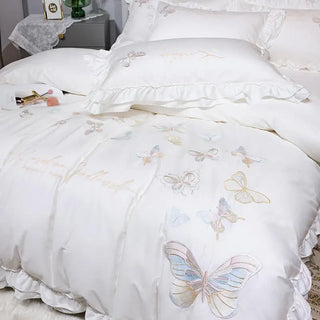 High End Butterfly Embroidery White Bedding Set Luxury Egyptian Cotton Solid Color Ruffles Duvet Cover Bed Sheet Pillowcases
