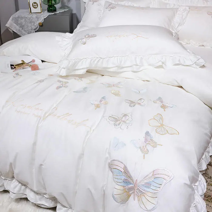 High End Butterfly Embroidery White Bedding Set Luxury Egyptian Cotton Solid Color Ruffles Duvet Cover Bed Sheet Pillowcases