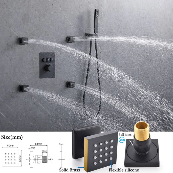 LED Shower Faucet Fixture Combo Thermostatic Systems 12'' Square head Hardware Sets Can Use All Options at A Time (Matte Black)