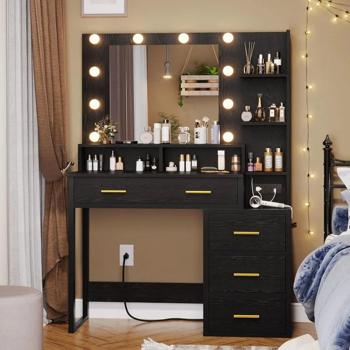 Makeup Vanity with Lights, Vanity Desk with Charging Station, Black Vanity Table with 10 Light Bulbs Mirror & 3 Lighting Modes