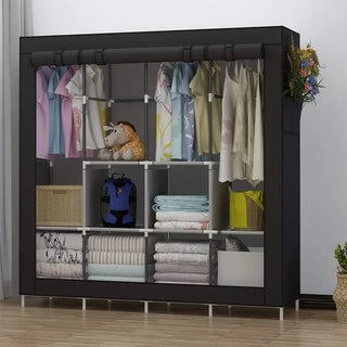 Portable Closet Large Wardrobe Closet Clothes Organizer with 6 Storage Shelves, 4 Hanging Sections 4 Side Pockets,Black
